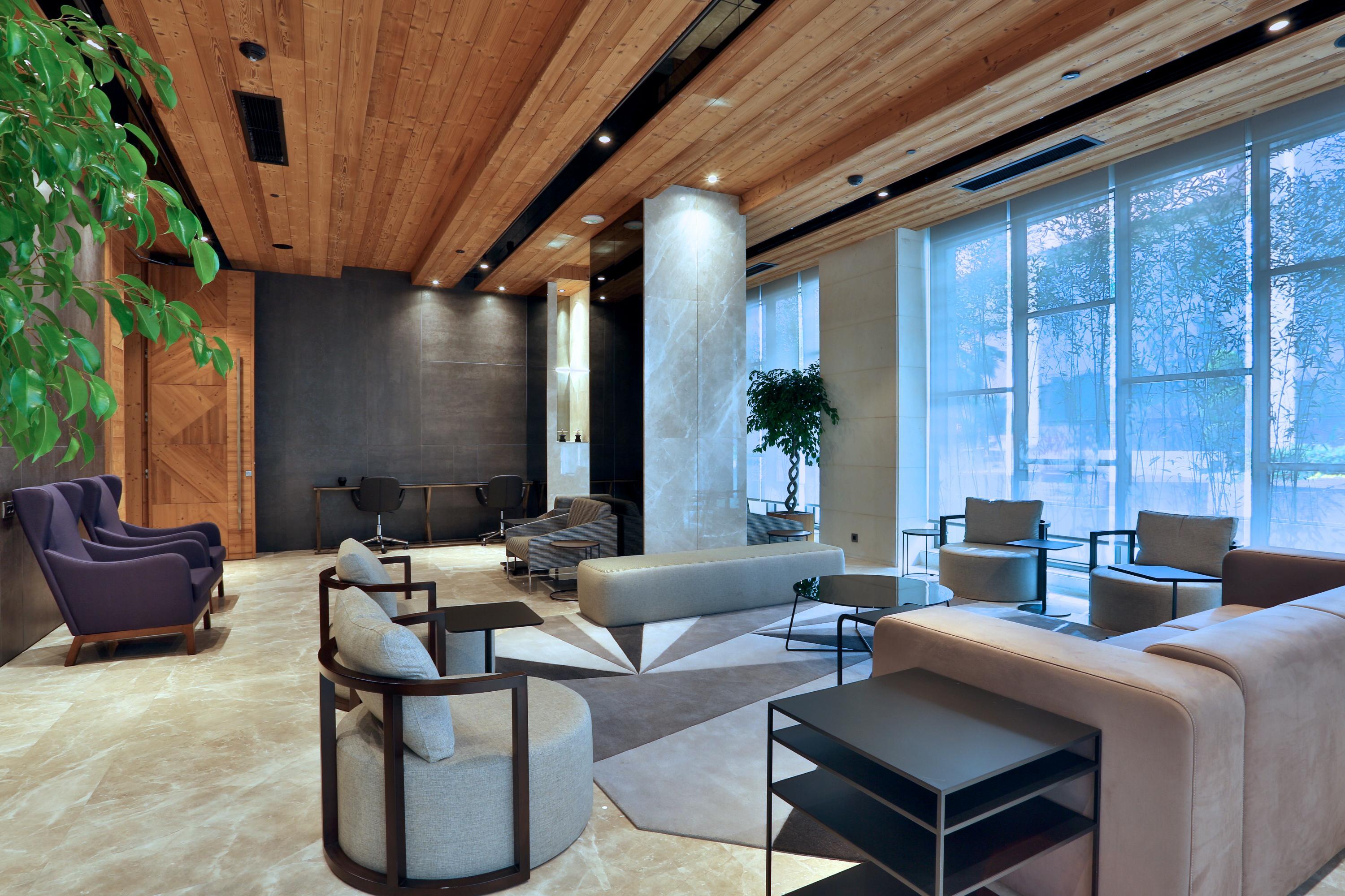 Dosso Dossi Hotels & Spa Downtown Estambul Exterior foto The photo depicts a modern, elegantly designed lounge area. The space features a combination of light hardwood and darker elements on the walls, creating a warm and inviting atmosphere. In the center, there are several seating options, including styl